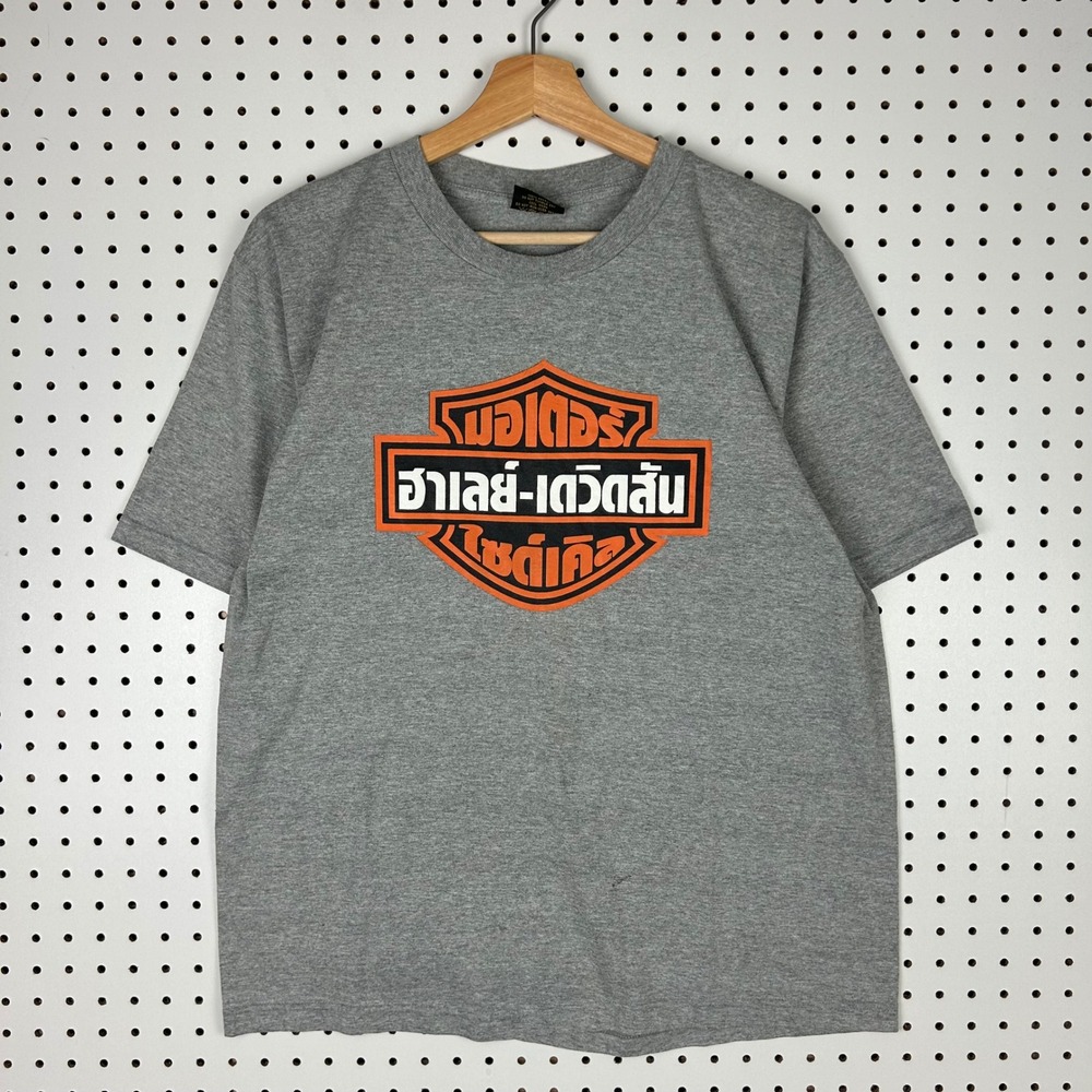 Harley Davidson Thai Logo Graphic T-Shirt Medium 90s Gray Badge Thailand Bar